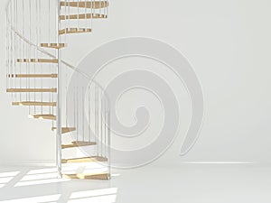 Empty white room with circular staircase.