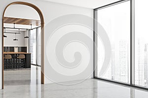 Empty white room corner with stylish background kitchen