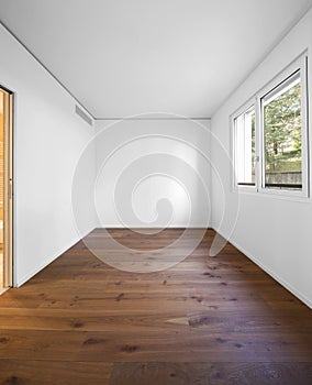 Empty white room with dark parquet, quality