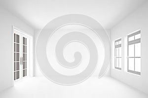 empty white room with door&windows interior background