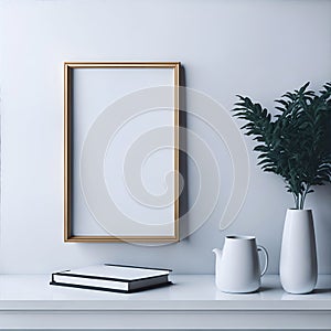 empty white room with golden frame on the wall