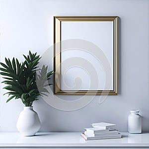 empty white room with golden frame on the wall