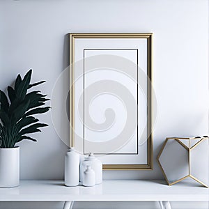 empty white room with golden frame on the wall