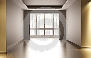 Empty white room with interior decoration. In the room there is artificial light outside the window winter wood.