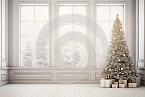 Empty white room with natural light from the window and Christmas tree and gift boxes. Copy space