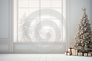 Empty white room with natural light from the window and Christmas tree and gift boxes. Free space
