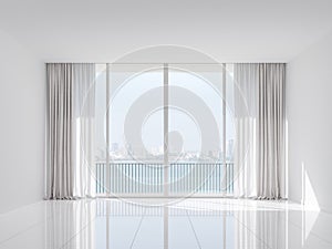 Empty white room with sea and city view 3d render