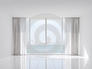 Empty white room with sea and city view 3d render photo