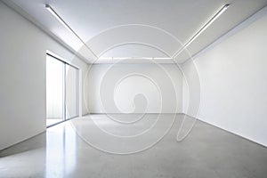 An Empty, White Room with a Single Horizontal Line Separating the White Wall and Floor