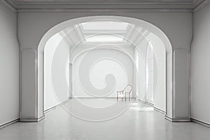 empty white room space interior 3d render many rooms are connected with arch shape door. Chair in the corner. Generative AI.
