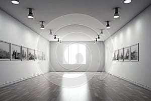 Empty white room with spotlights in the ceiling gallery or modern interior template, 3d illustration. Generative AI