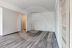 Empty white room with washed floating gray wooden laminate flooring and newly painted wall in background