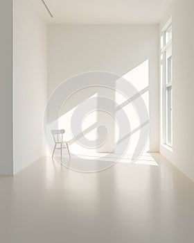 An empty white room with a window and a chair, shadows from the light for product presentation, background for your