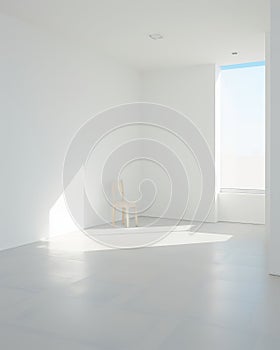 An empty white room with a window and a chair, shadows from the light for product presentation, background for your