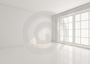Empty white room with window and curtains. Mockup, template. 3d render.