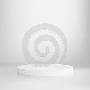 Empty white round podium, cylindrical pedestal