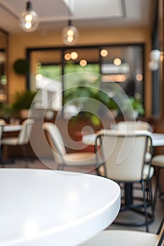 Empty white round table in blurred modern cafe interior
