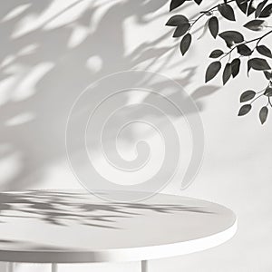 Empty white round table with shadow of leaves on the wall. 3d rendering