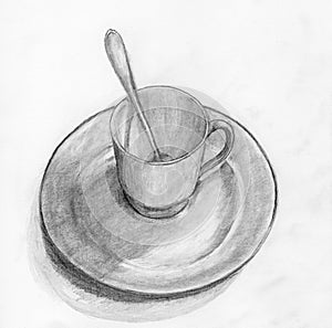 Empty white round tea cup on a saucer with shadow