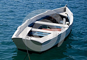 Empty White Row Boat on deep blue sea