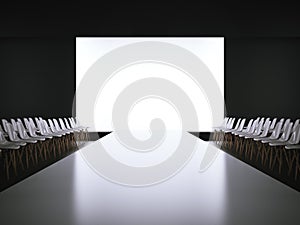 Empty white runway and chairs. 3d rendering