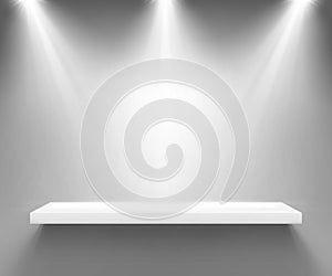 Empty white shelf illuminated by three spotlights