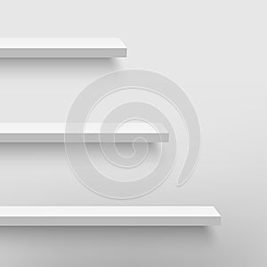 Empty white shelf on white wall. Vector