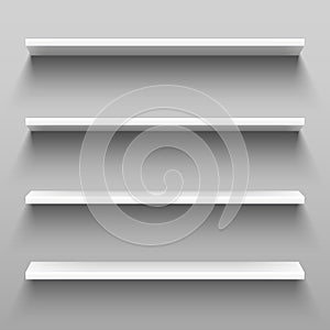 Empty white shelves for home shelving furniture. Realistic group of racks, storage shelf with shadow or shop rack vector