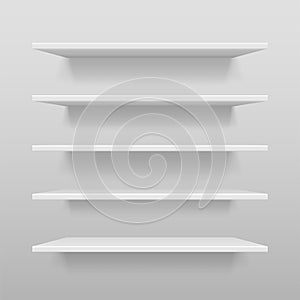 Empty white shop or exhibition shelf, retail white shelves mockup. Realistic vector bookshelf with shadow on wall, 3d