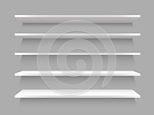 Empty white shop shelf, realistic bookshelf rectangle, showcase store. Vector illustration.