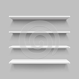 Empty white shop shelf, retail shelves, 3d store wall display vector illustration