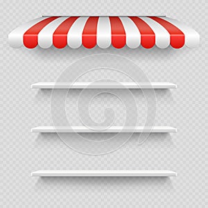 Empty white shop shelf under striped white and red sunshade vector isolated on transparent background