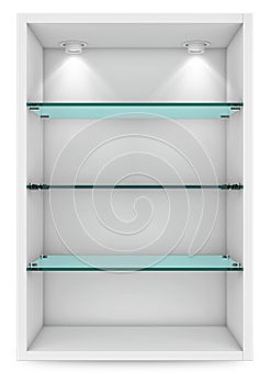 Empty white showcase with glass shelves for exhibition. islolated on white with clipping path. 3d rendering