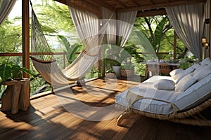 Empty white sofa and wicker hammock on outdoor terrace at day of villa in eco hotel or lounge with view of tropical forest. Place