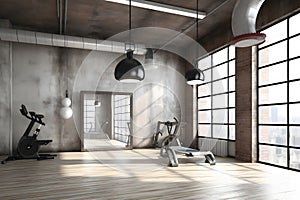 Empty white space in fitness center. Loft style gym. Neural network AI generated