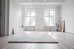 Empty white space, loft studio, yoga mat on the floor AI generated
