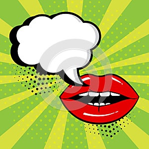 Empty white speech bubble for your text with red lips on green background. Comic sound effects in pop art style. Vector