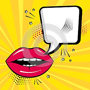 Empty white speech bubble for your text with red lips on yellow background. Comic sound effects in pop art style. Vector