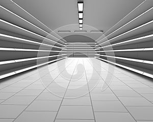 Empty white supermarket shelf rows photo