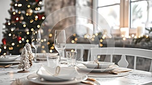 Empty white table with christmas dining room and tree in the bac