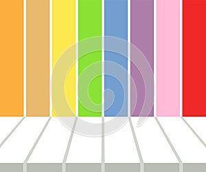Empty white tabletop display over multicolored stripes background. Vector illustration, EPS10.