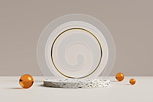 Empty white textured stone round podium or pedestal with golden circle and white frosted glass background