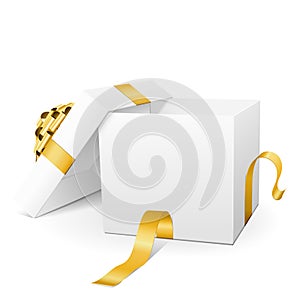 Empty White Vector 3D Gift Box with Golden Package Ribbon