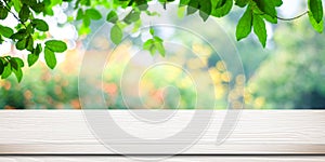 Empty white vintage wooden table over blurred park nature background, banner for product display montage, spring and summer