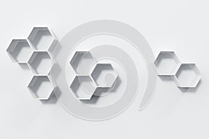 Empty white wall with hexagon shelves on the wall, 3D rendering