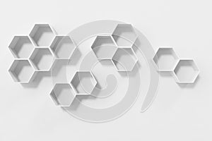 Empty white wall with hexagon shelves on the wall, 3D rendering