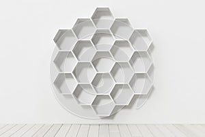 Empty white wall with hexagon shelves on the wall, 3D rendering