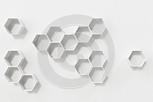 Empty white wall with hexagon shelves on the wall, 3D rendering