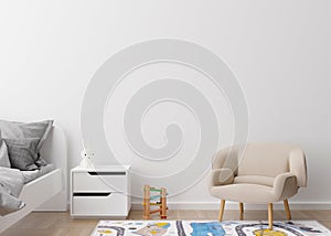Empty white wall in modern child room. Mock up interior in contemporary style. Free space, copy space for your picture