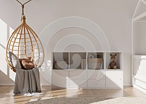 Empty white wall in modern child room. Mock up interior in scandinavian, boho style. Free, copy space for your picture